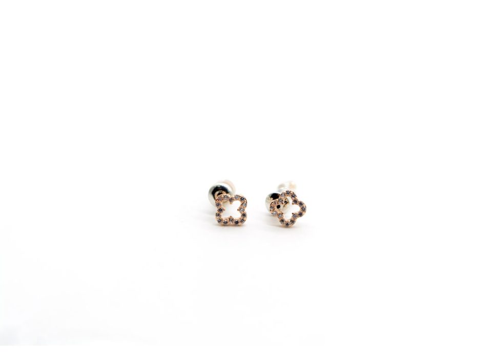 925 rose gold earrings in the shape of a four-leaf flower with rhinestones,