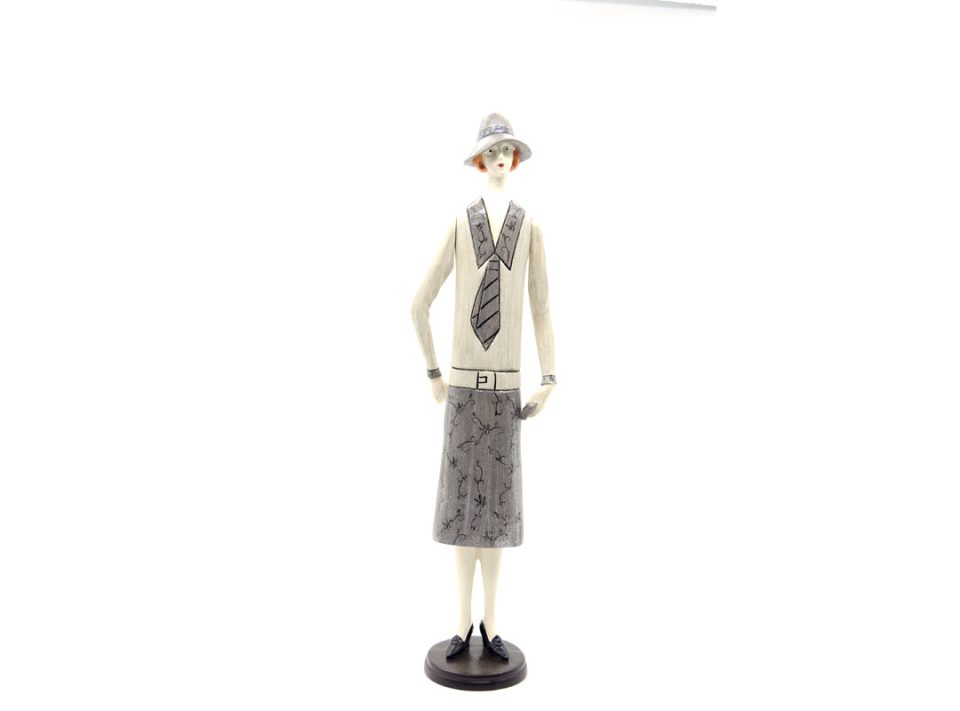 Handmade wooden decorative doll with hat in gray color