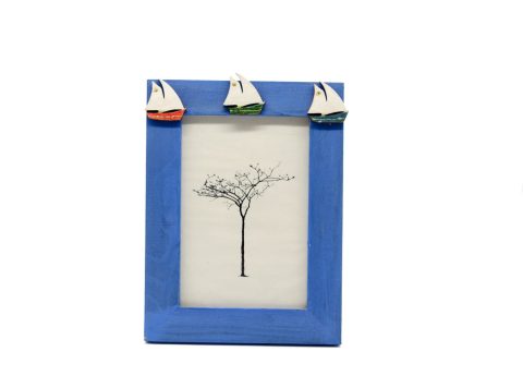 Handmade wooden photo frame blue with three boats