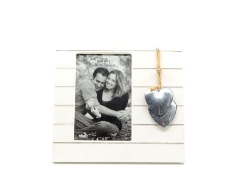 Handmade wooden frame for photo 9 × 14 cm, white with two metal hearts