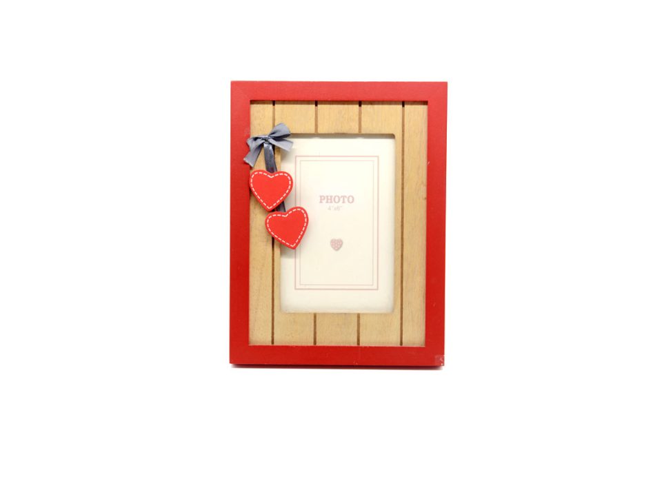 Handmade wooden photo frame 9x14 cm, beige with red with two red hearts