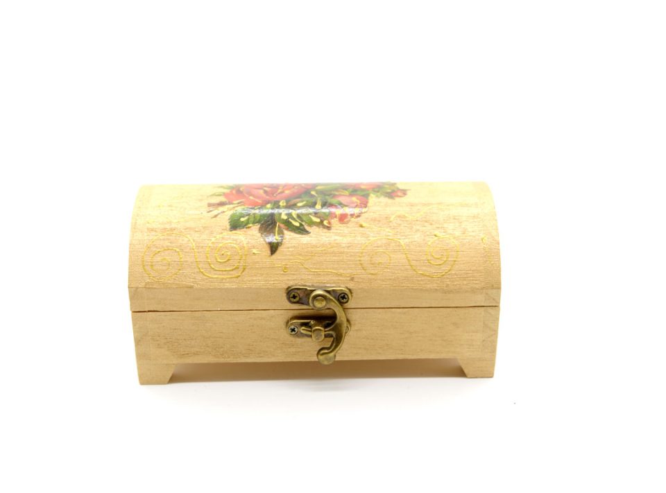 Handmade wooden storage box, small, in beige-gold color, decorated with flowers, with the decoupage technique (15x8x7 cm.).