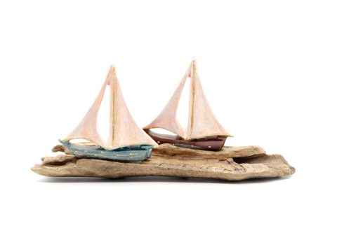 Handmade 2 boats, a bright green and a brown with white sails