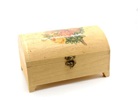 Handmade wooden storage box beige-gold color with flowers