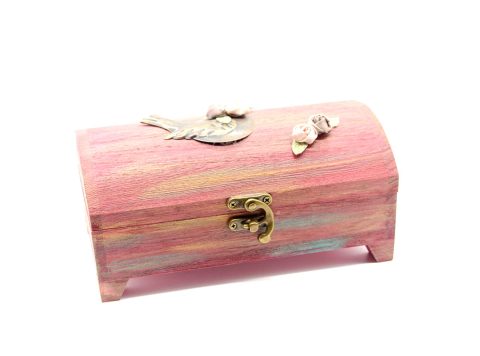 Handmade wooden storage box, burgundy color with metal bird