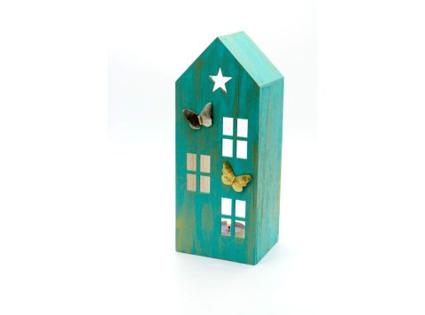 Handmade wooden house, small, for tealight in bright green with gold color with three forged butterflies