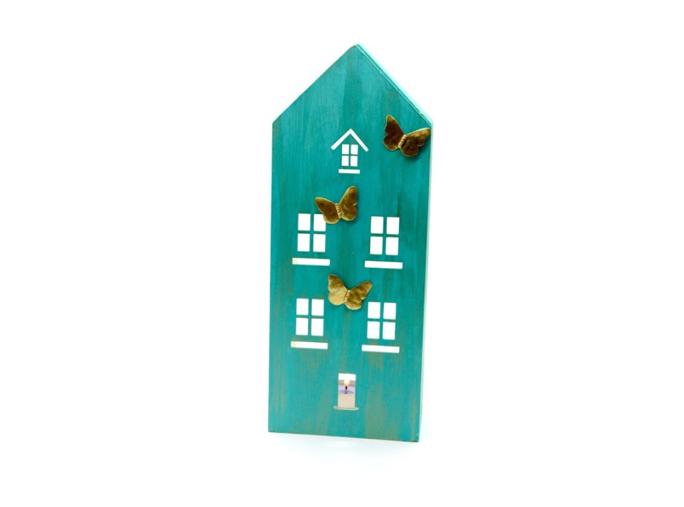 Handmade wooden house, large, for tealight in bright green with gold color with three forged butterflies