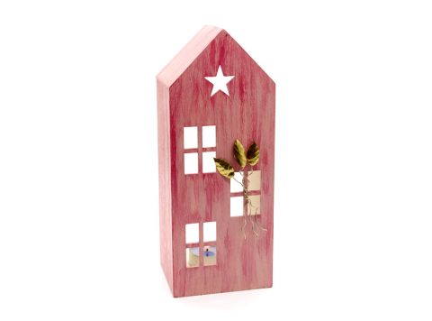 Handmade wooden house, small, for tealight in burgundy light color with a branch of handmade leaves