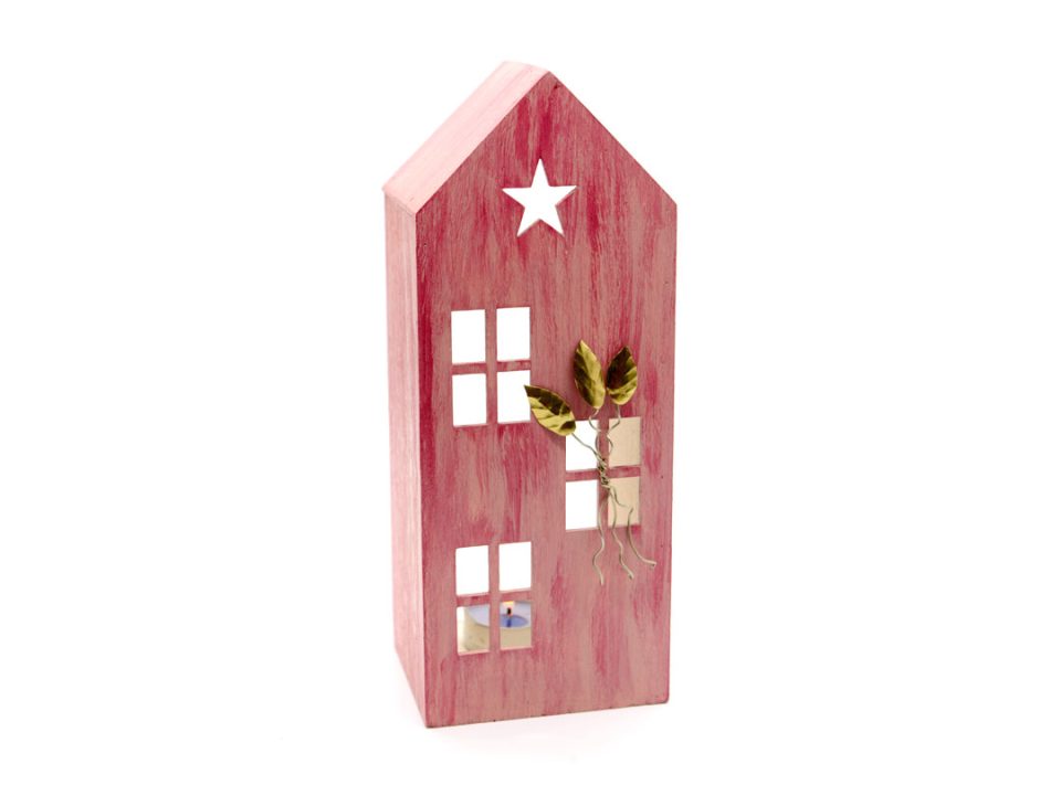 Handmade wooden house, small, for tealight in burgundy light color with a branch of handmade leaves