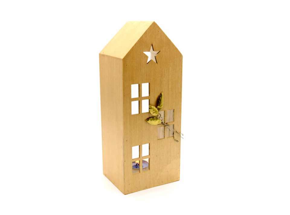 Handmade wooden house, small, for tealight in light gold color with a branch of handmade leaves