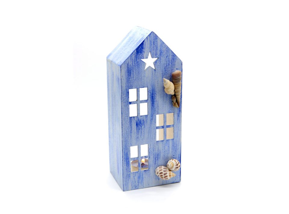 Handmade wooden house, small, for tealights in light blue color with shells