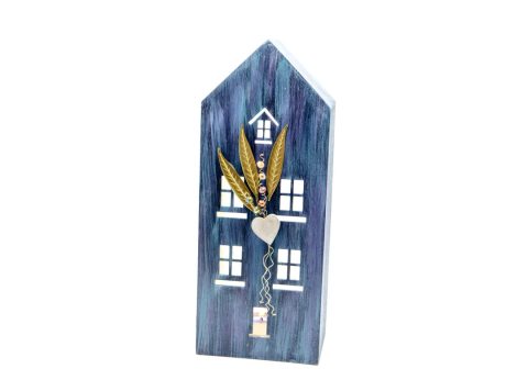 Handmade wooden house, large, for tealight in blue color with metal branch