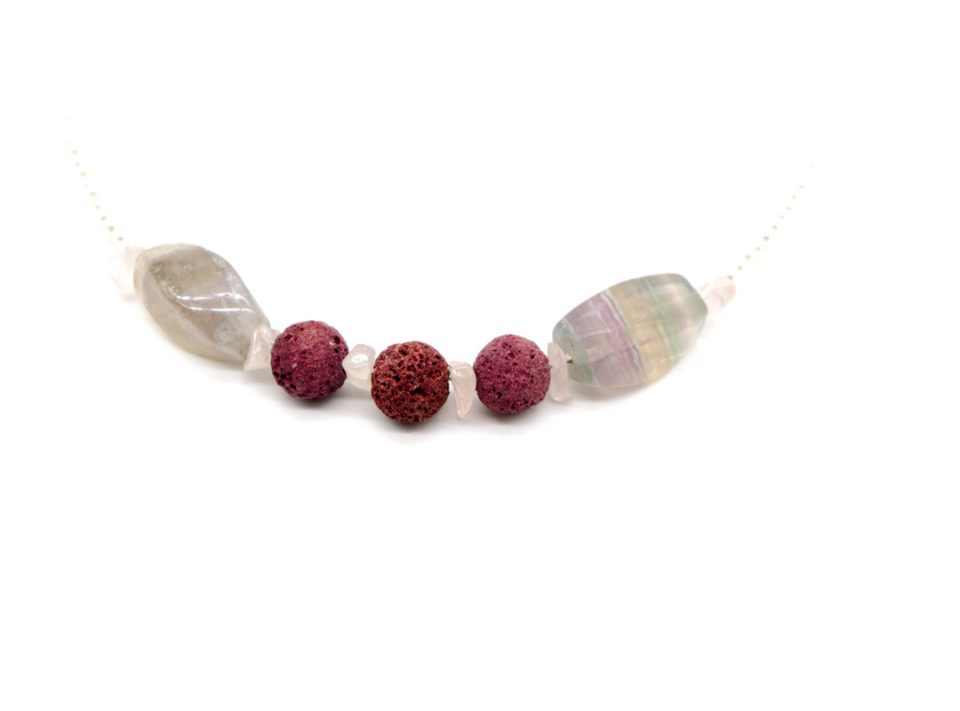 Handmade delicate pearl necklace with lava and precious stones