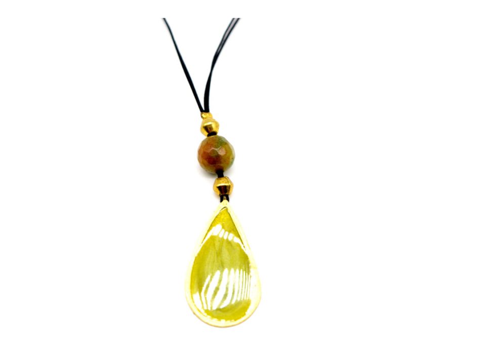 Handmade necklace, wrought tear with enamel in light olive color, on cord