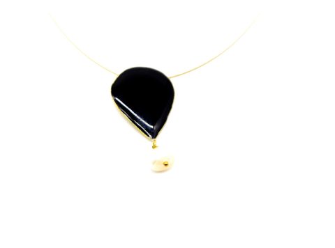 Handmade short necklace, tear black enamel and pearl, on wire