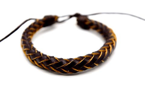 Handmade bracelet, round braid of brown black leather