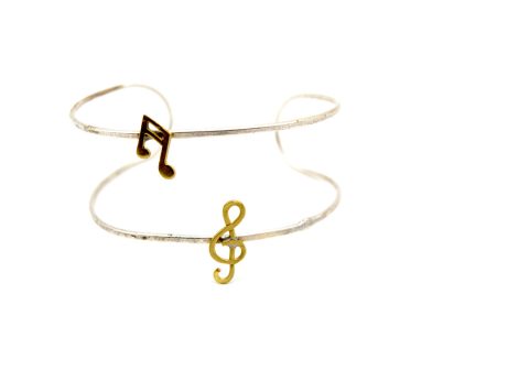 Handmade silver bracelet with musical elements in gold