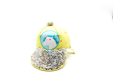 Handmade purse-keychain, in the shape of a jockey hat, made of yellow leather, with unicorn and decorated with rhinestones