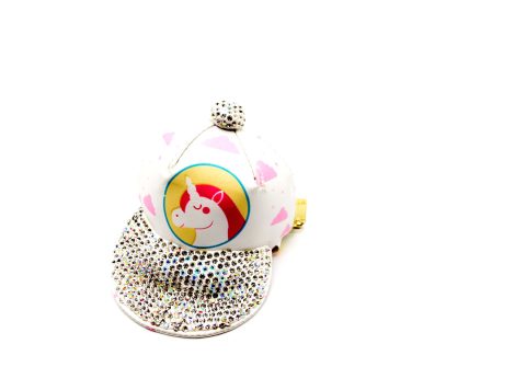 Handmade purse-keychain, in the shape of a jockey hat, made of white leather, with unicorn and decorated with rhinestones