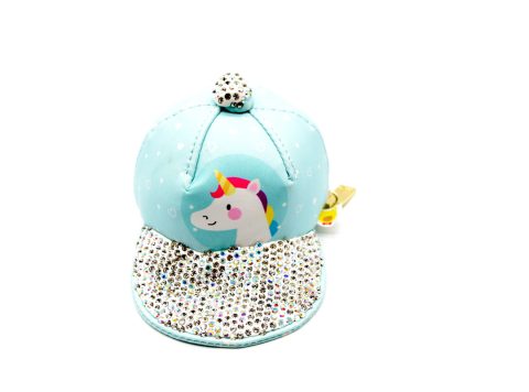 Handmade purse-keychain, in the shape of a jockey hat, made of light blue leather, with unicorn and decorated with rhinestones