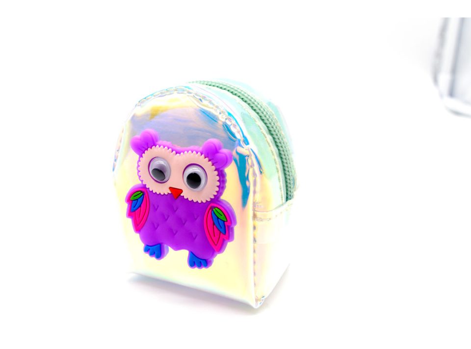 Handmade purse-keychain, made of translucent iridescent plastic, decorated with purple owl