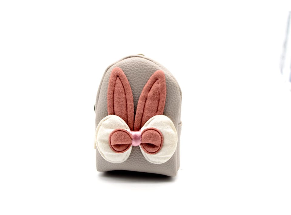 Handmade purse-keychain, leather in gray color, decorated with fabric hare ears in pink vintage color and bow pink-white