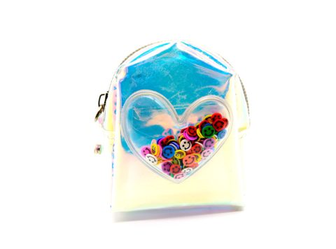 Handmade purse-keychain, made of translucent iridescent plastic, decorated with a transparent heart with colored emoticons… a very tasteful purse-keychain, which can be hung as a decorative bag and will be loved by all ages