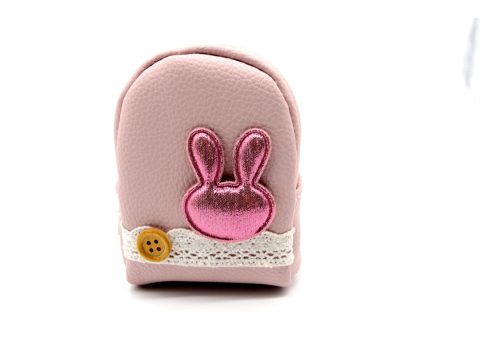 Handmade purse-keychain, made of leather in lilac color, decorated with bunny, in shiny fuchsia, lace, button