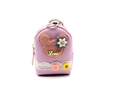 Handmade purse-keychain, made of leather in lilac color, decorated with minnie, in salmon color, lace, fimo elements