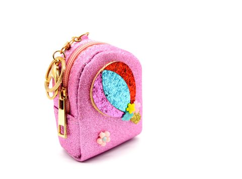 Handmade purse-keychain, made of leather with glitter in pink-fuchsia color, decorated with a balloon, made of different colors of glitter