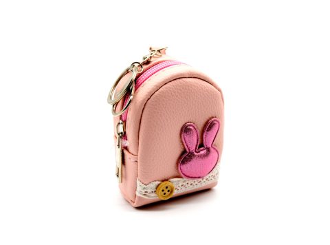 Handmade purse-keychain, made of leather in pink color, decorated with bunny, in shiny fuchsia, lace, button