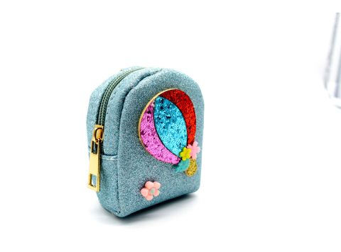 Handmade purse-keychain, made of leather with glitter in light blue color, decorated with a balloon, made of different colors of glitter