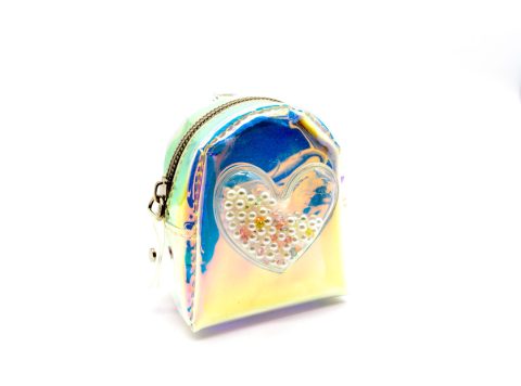 Handmade purse-keychain, made of translucent iridescent plastic, decorated with a transparent heart with pearls