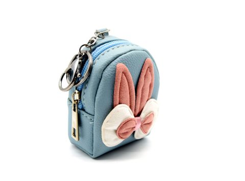 Handmade purse-keychain, leather in light blue color, decorated with fabric hare ears in pink vintage color and bow pink-white