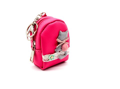 Handmade purse-keychain, leather in pink fuchsia color, with gray kitten