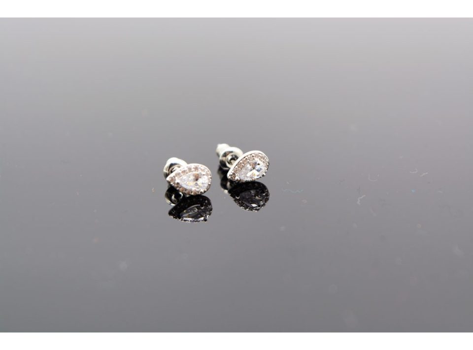 Stud earrings made of silver 925, in the shape of a tear, with rhinestones, large size, in silver color