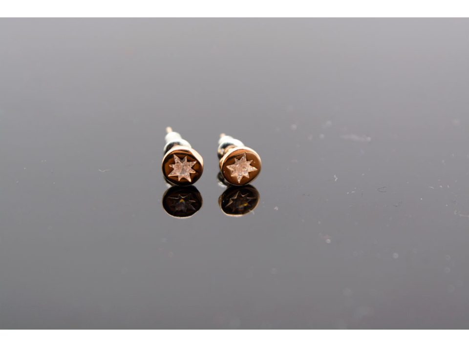 Stud earrings made of 925 silver, round with a star in the center, small, rhinestones, in rose gold color