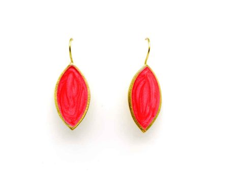 Handmade forged earring in the shape of a coral color nail