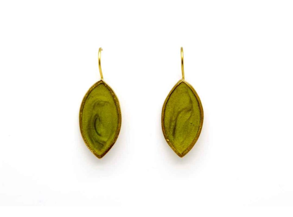 Handmade forged earring in the shape of a nail, olive color