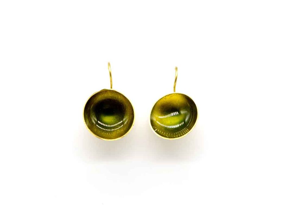 Handmade forged hollow round earring in olive color.