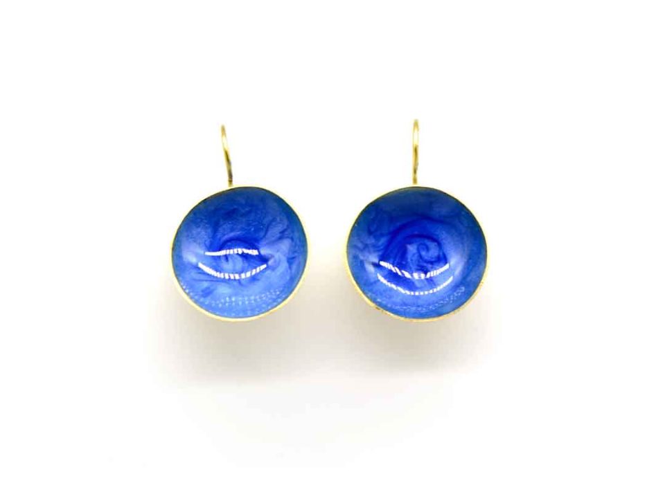 Handmade forged hollow round earring in blue-blue color.