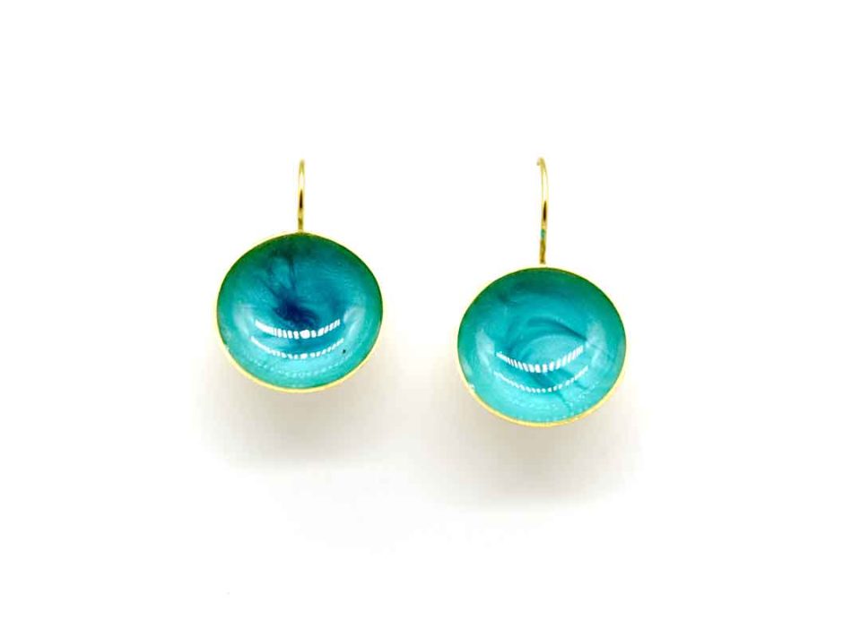 Handmade forged hollow round earring in turquoise color.