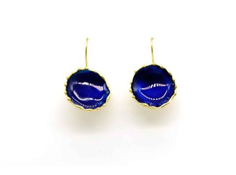 Handmade forged hollow round earring in night blue color