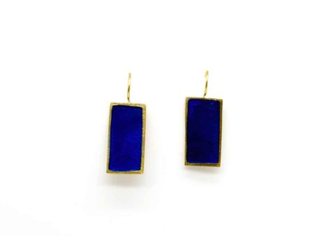 Handmade forged rectangular earring in night blue color.