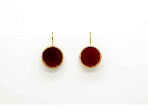 Handmade forged round earring in burgundy color.