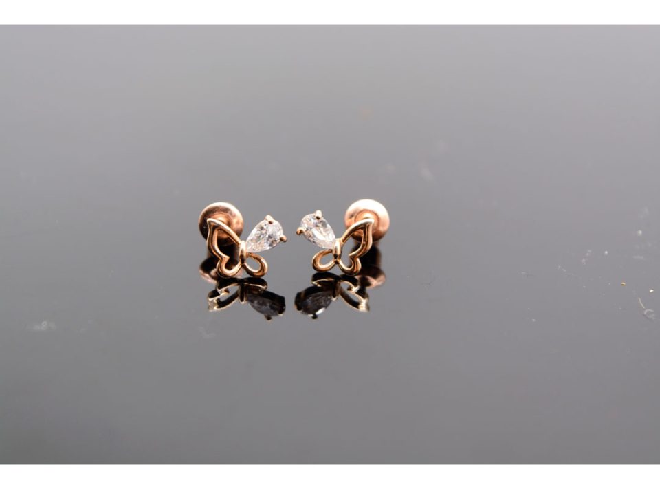 Studded earrings made of 925 silver, in the shape of a butterfly, with rhinestones, in rose gold color