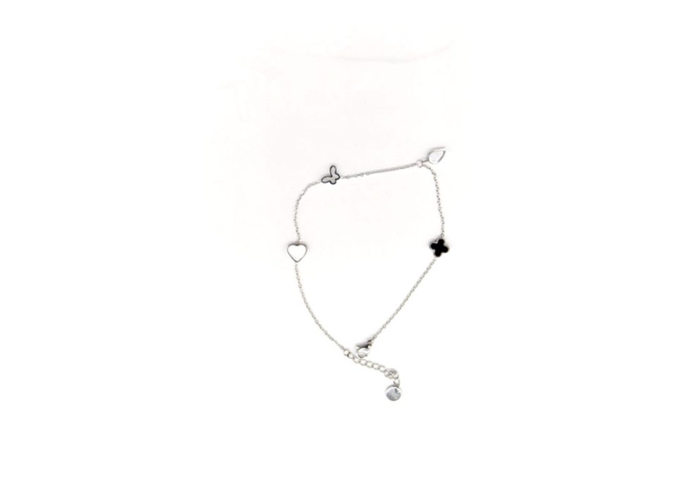 Steel foot bracelet in silver color, heart, butterfly, tear, four-leaf flower.