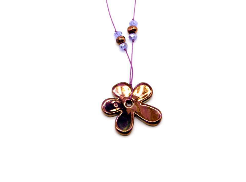 Handmade long necklace with ceramic flower in brown purple color