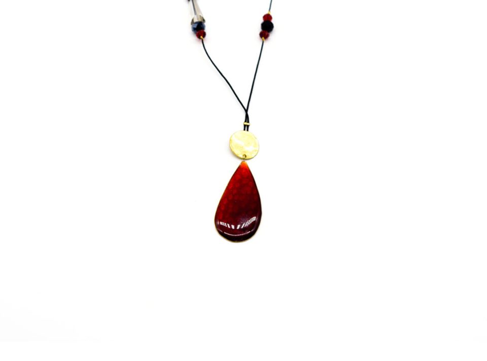 Handmade necklace with forged teardrop element in burgundy enamel color