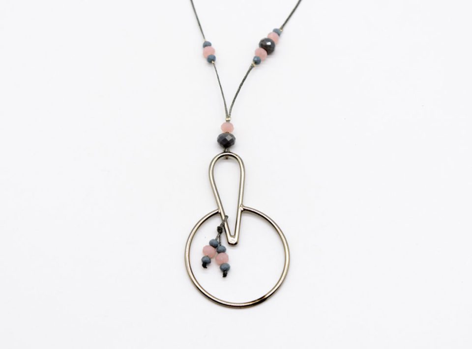 Handmade necklace with silver round element with drop in gray with pink